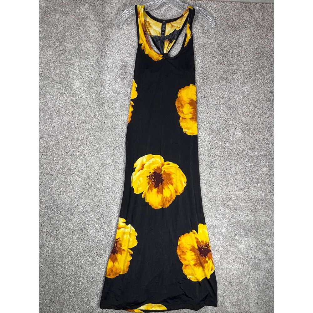 GC Maxi Dress Black Yellow Floral‎ Racerback Tank Sleeveless M Made USA